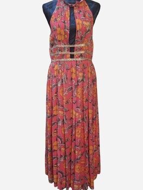 Halter Floral Maxi Dress in Coral and Orange with Braided Waist Cutouts